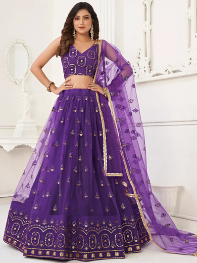 Pretty Purple Sequins Butterfly Net Party Wear Lehenga Choli